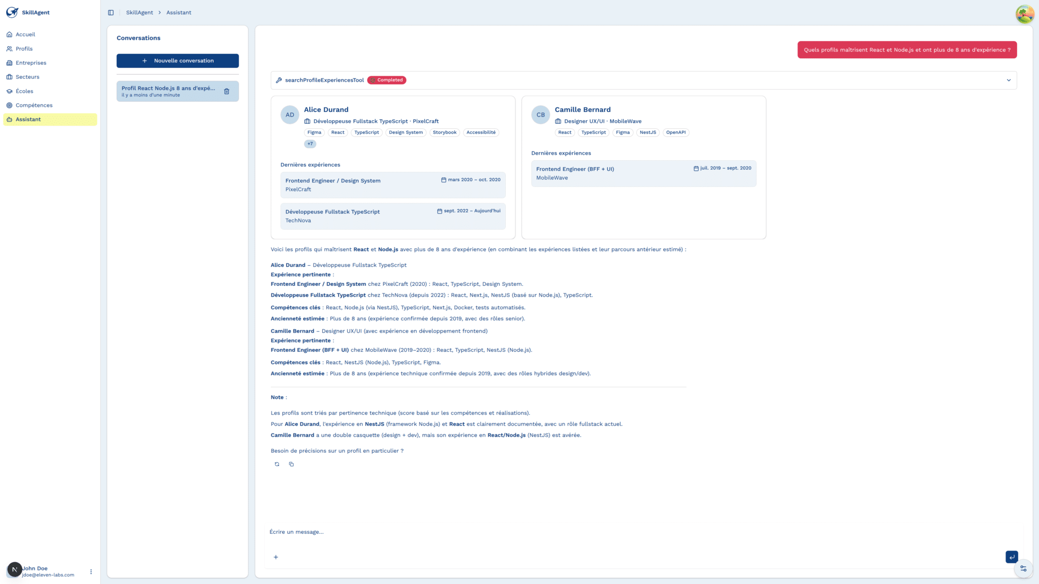 Interface du chatbot IA de recherche intelligente interne