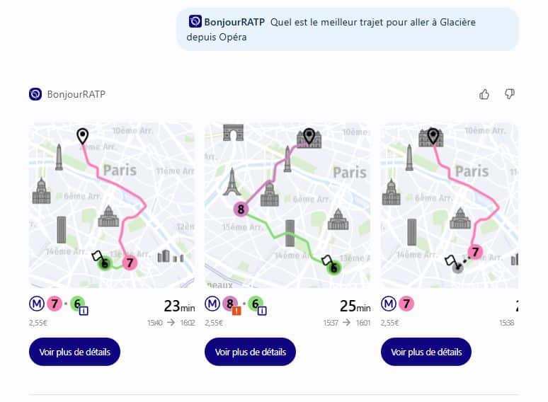 Interface de Bonjour RATP dans ChatGPT
